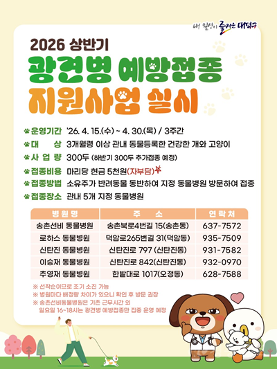 1. 대전 대덕구, 오는 15일부터 반려동물 광견병 예방접종 지원 나선다.png