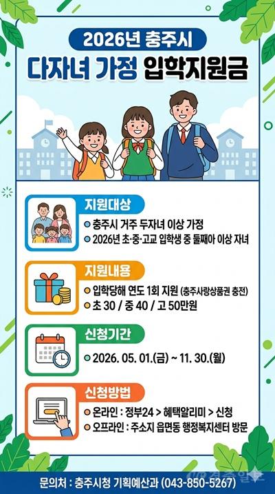 충주시, 다자녀 가정 ‘둘째부터’ 입학지원금 지급… 최대 50만 원.jpg