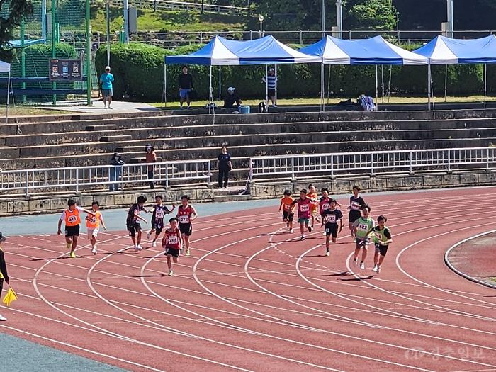 2-8. 남자초등부 6학년 400m 계주(남자초등부 6학년 400m 계주에서 한밭초등학교(연두색) 마지막 주자가 역주를 펼치고 있다.).jpg