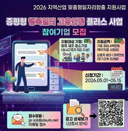 증평군, ‘행복일터 고용안정 플러스’ 참여기업 모집