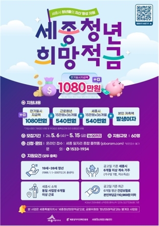세종시, 청년 자산형성 지원 ‘세종청년희망적금’ 참여자 모집