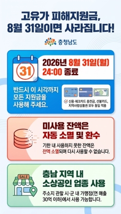 충남 고유가 피해지원금, 8월 31일 사용 종료…미사용분 자동 소멸