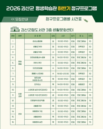 괴산군 평생학습관 하반기 평생교육 정규프로그램 수강생 모집