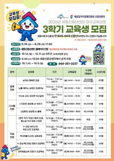 (260914) 세종신중년센터, '2026년 3학기 정규교육과정' 교육생 205명 모집_포스터.jpg